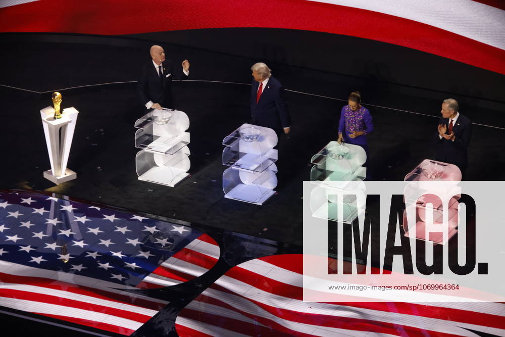 FIFA World Cup, WM, Weltmeisterschaft, Fussball - Draw The president of FIFA, Gianni Infantino, the president of Mexico, Claudia Sheinbaum Pardo, the prime minister of Canada, Mark Carney, and the president of the United States, Donald Trump, are present during the draw for the 2026 World Cup at the historic John F. Kennedy Center for the Performing Arts in Washington D.C., United States, on December 5, 2025. Washington United States