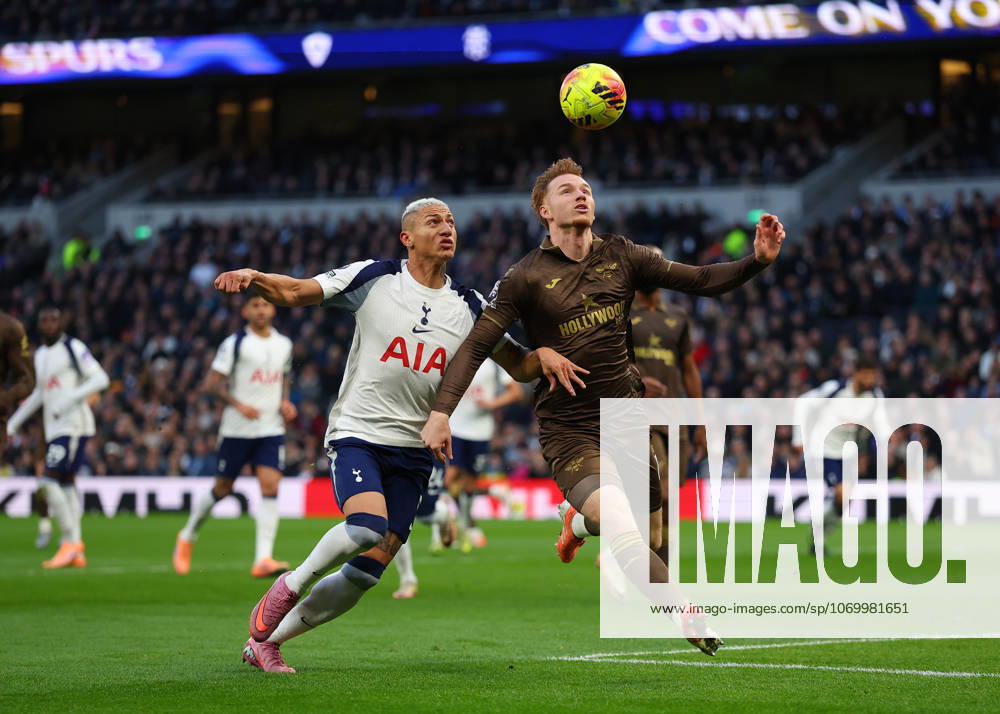 6th December 2025; Tottenham Hotspur Stadium, London, England; Premier League Football, Tottenham Hotspur versus Brentford; Richarlison of Tottenham Hotspur challenged by Sepp van den Berg of Brentford JohnxPatrickxFletcher