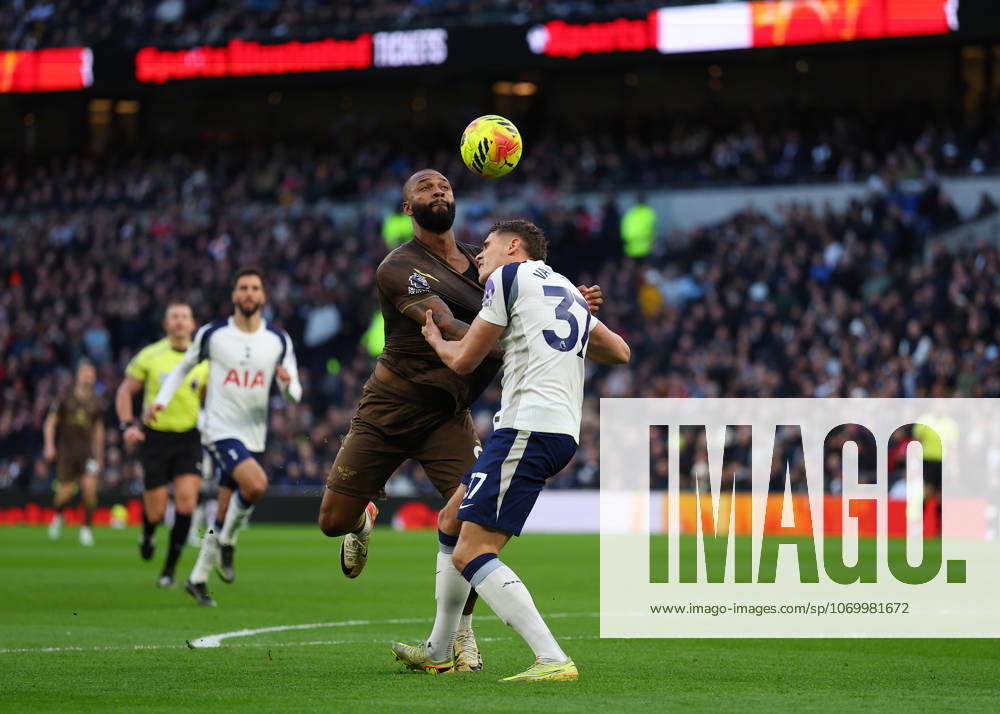 6th December 2025; Tottenham Hotspur Stadium, London, England; Premier League Football, Tottenham Hotspur versus Brentford; Igor Thiago of Brentford challenged by Micky van de Ven of Tottenham Hotspur JohnxPatrickxFletcher