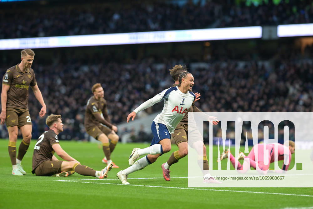 Spurs vs Brentford, Premier League GOAL Xavi Simons of Tottenham Hotspur celebrates his teams second goal during the Spurs vs Brentford, Premier League match at the Tottenham Hotspur Stadium London. London Tottenham Hotspur Stadium UK