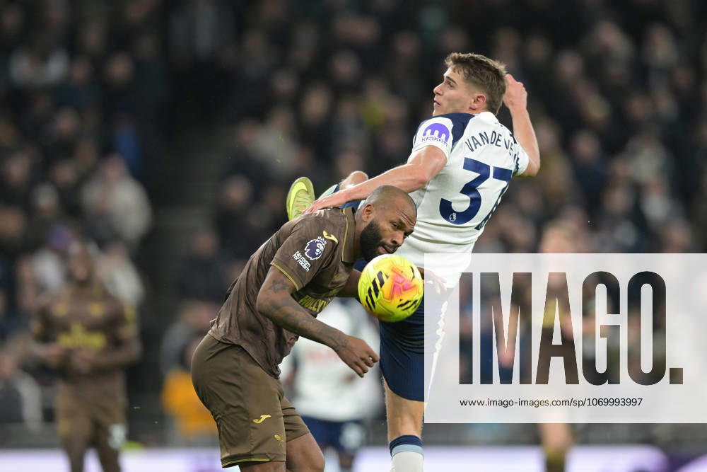 Spurs vs Brentford, Premier League Micky van de Ven of Tottenham Hotspur and Gustavo Nunes of Brentford FC clash during the Spurs vs Brentford, Premier League match at the Tottenham Hotspur Stadium London. London Tottenham Hotspur Stadium UK