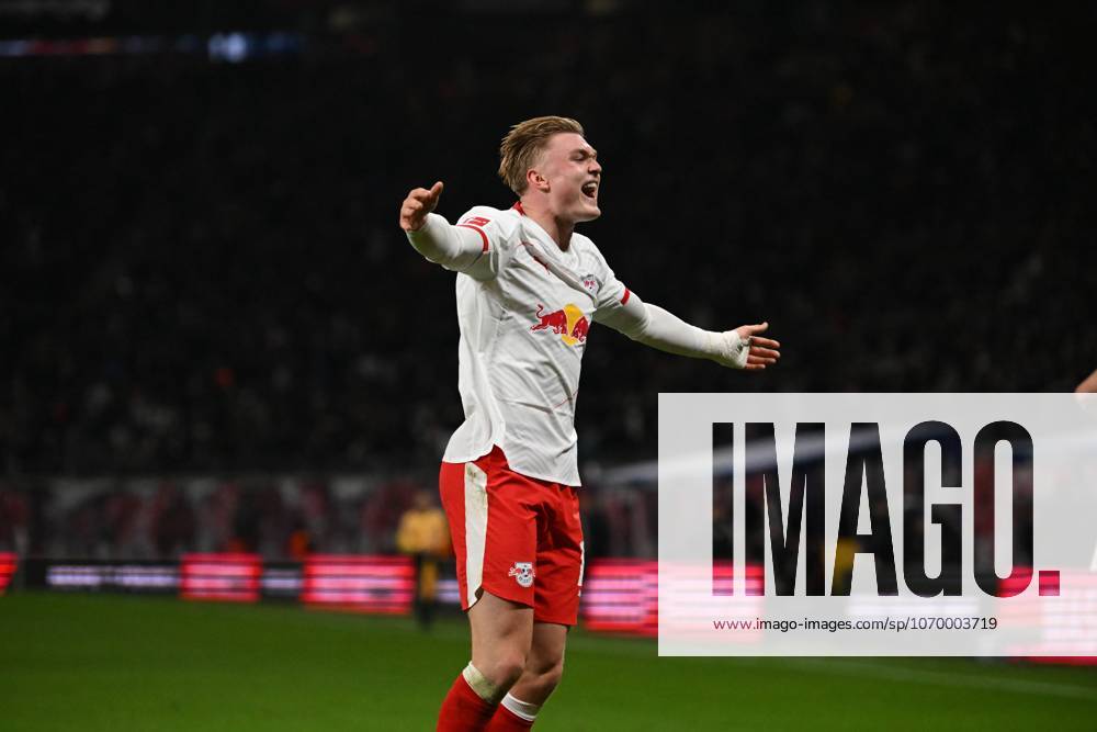 Conrad Harder 11 RB Leipzig cheers with outstretched arms in action Player cheers with arms