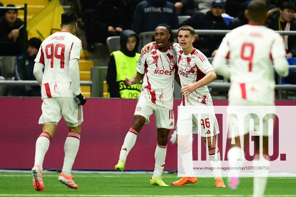 UEFA Champions League, Kairat Almaty vs Olympiacos FC - Gelson Martins of Olympiacos FC celebrates with his teamates after scoring the 0-1 during the UEFA Champions League Phase matchday 6 soccer match between Olympiacos FC and Kairat Almaty held at Astana Arena in Astana, Kazakhstan, 9 December 2025. IMAGO ONE INCH PRODUCTIONS Astana Kazakhstan