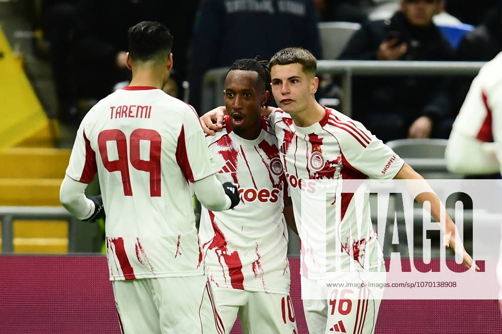 UEFA Champions League, Kairat Almaty vs Olympiacos FC - Gelson Martins of Olympiacos FC celebrates with his teamates after scoring the 0-1 during the UEFA Champions League Phase matchday 6 soccer match between Olympiacos FC and Kairat Almaty held at Astana Arena in Astana, Kazakhstan, 9 December 2025. IMAGO ONE INCH PRODUCTIONS Astana Kazakhstan