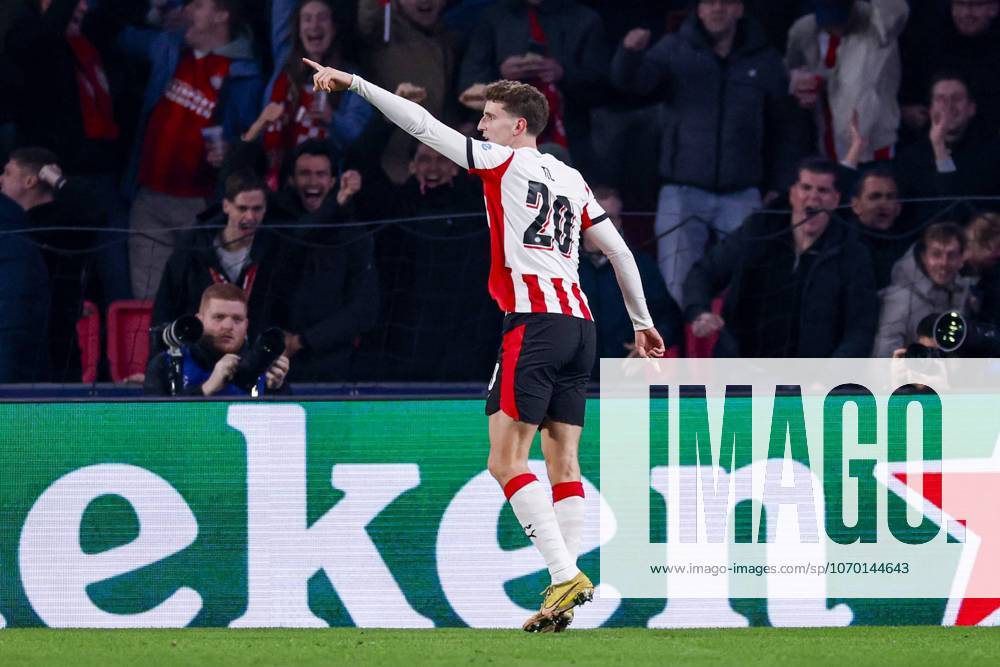 Guus Til of PSV Eindhoven celebrates after scoring his teams first goal PSV Eindhoven v Atletico de Madrid, UEFA Champions League 2025 26 League Phase MD6, PSV Eindhoven v Atletico de Madrid, PSV Stadion, December 9, 2025, Eindhoven, Netherlands.
