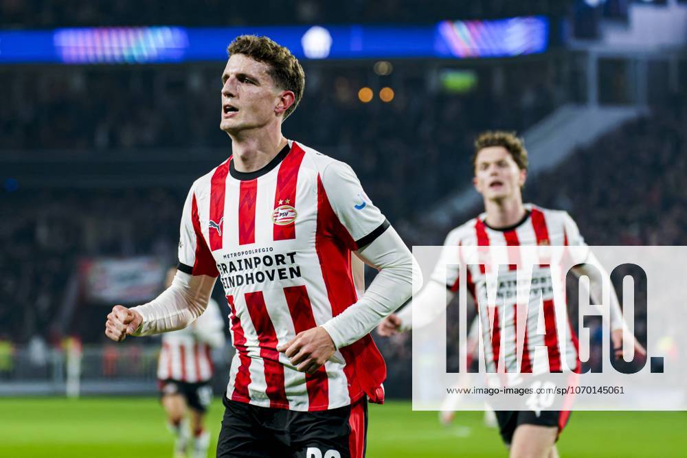 Guus Til of PSV Eindhoven celebrates after scoring his teams first goal PSV Eindhoven v Atletico de Madrid, UEFA Champions League 2025 26 League Phase MD6, PSV Eindhoven v Atletico de Madrid, PSV Stadion, December 9, 2025, Eindhoven, Netherlands.