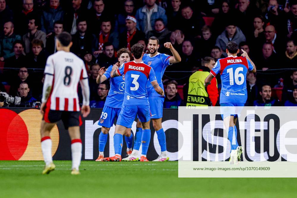 David Hancko of Atletico Madrid celebrates with teammates after scoring his teams second goal PSV Eindhoven v Atletico de Madrid, UEFA Champions League 2025 26 League Phase MD6, PSV Eindhoven v Atletico de Madrid, PSV Stadion, December 9, 2025, Eindhoven, Netherlands.