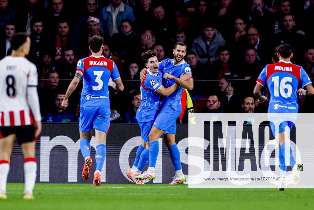 David Hancko of Atletico Madrid celebrates with teammates after scoring his teams second goal PSV Eindhoven v Atletico de Madrid, UEFA Champions League 2025 26 League Phase MD6, PSV Eindhoven v Atletico de Madrid, PSV Stadion, December 9, 2025, Eindhoven, Netherlands.