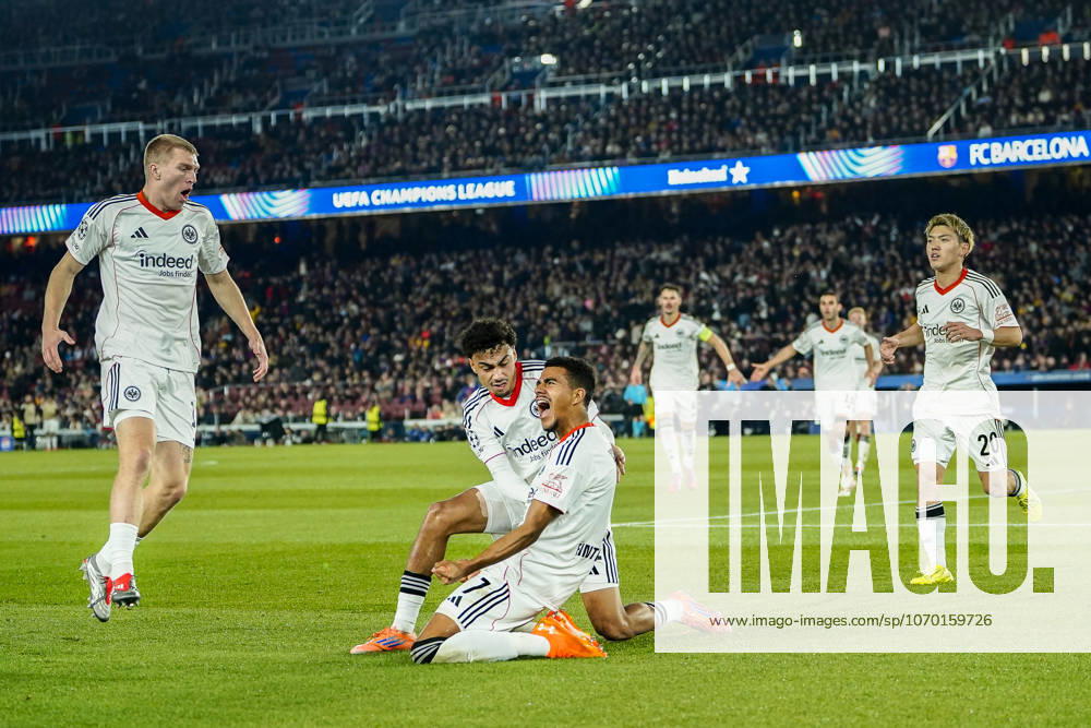 (251210) -- BARCELONA, Dec. 10, 2025 -- Eintracht Frankfurt s Ansgar Knauff (C) celebrates a goal during the UEFA Champions League football match between FC Barcelona, Barca and Eintracht Frankfurt in Barcelona, Spain, Dec. 9, 2025. (Photo by Xinhua) (SP)SPAIN-BARCELONA-FOOTBALL-UEFA CHAMPIONS LEAGUE-BARCELONA VS FRANKFURT JoanxGosa