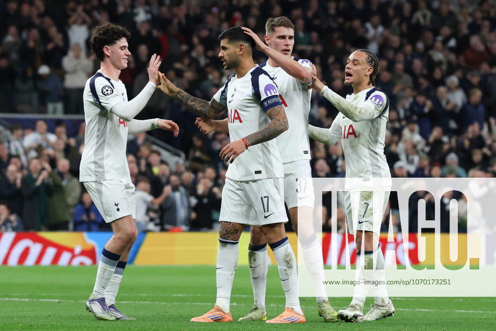 9th December 2025; Tottenham Hotspur Stadium, London, England; UEFA Champions League Football, Tottenham Hotspur versus Slavia Prague; Tottenham Hotspur players celebrate after David Zima of Slavia Prague scores an own goal in the 26th minute and Tottenham Hotspur go 1-0 up IanxStephen Content restricted for UK based newspaper