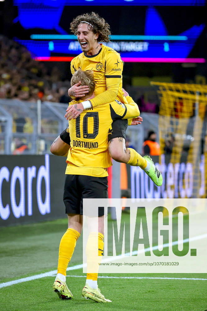 Football, UEFA Champions League, Borussia Dortmund FK Bodö Glimt, BVB Stadion, Matchday 5, Season 2025 2026 Goal celebration after the 1-0 goal by scorer Julian Brandt BVB 10 together with Fabio Silva BVB 21 Regulations prohibit any use of photographs as image sequences and or quasi video North Rhine-Westphalia Germany