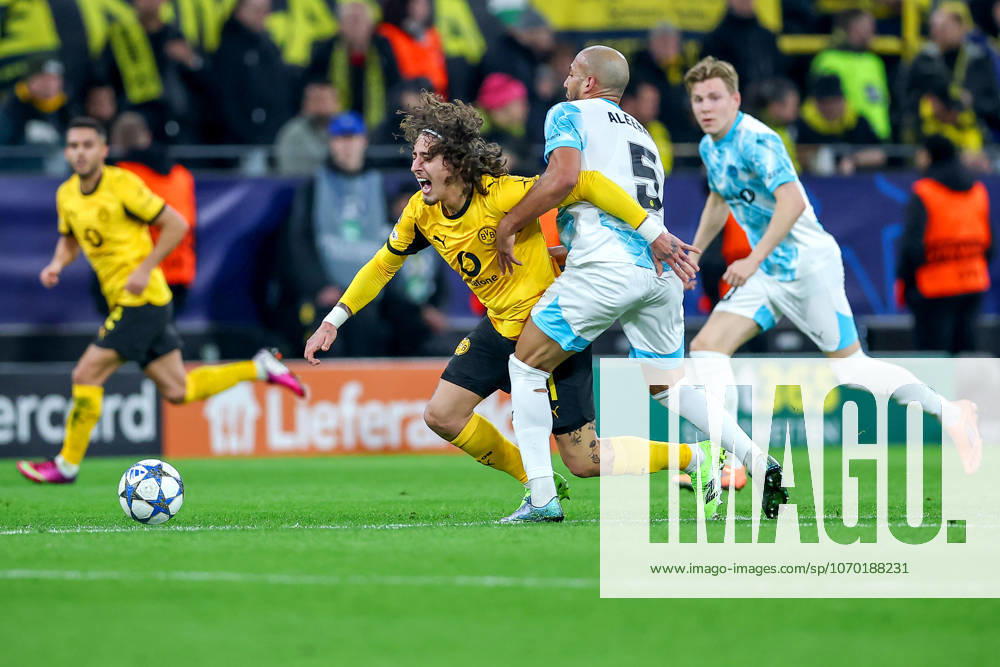 Football, UEFA Champions League, Borussia Dortmund FK Bodö Glimt, BVB Stadion, Matchday 5, Season 2025 2026 Fabio Silva BVB 21 in duel against Haitam Aleesami Bodo Glimt 05 Regulations prohibit any use of photographs as image sequences and or quasi video North Rhine-Westphalia Germany