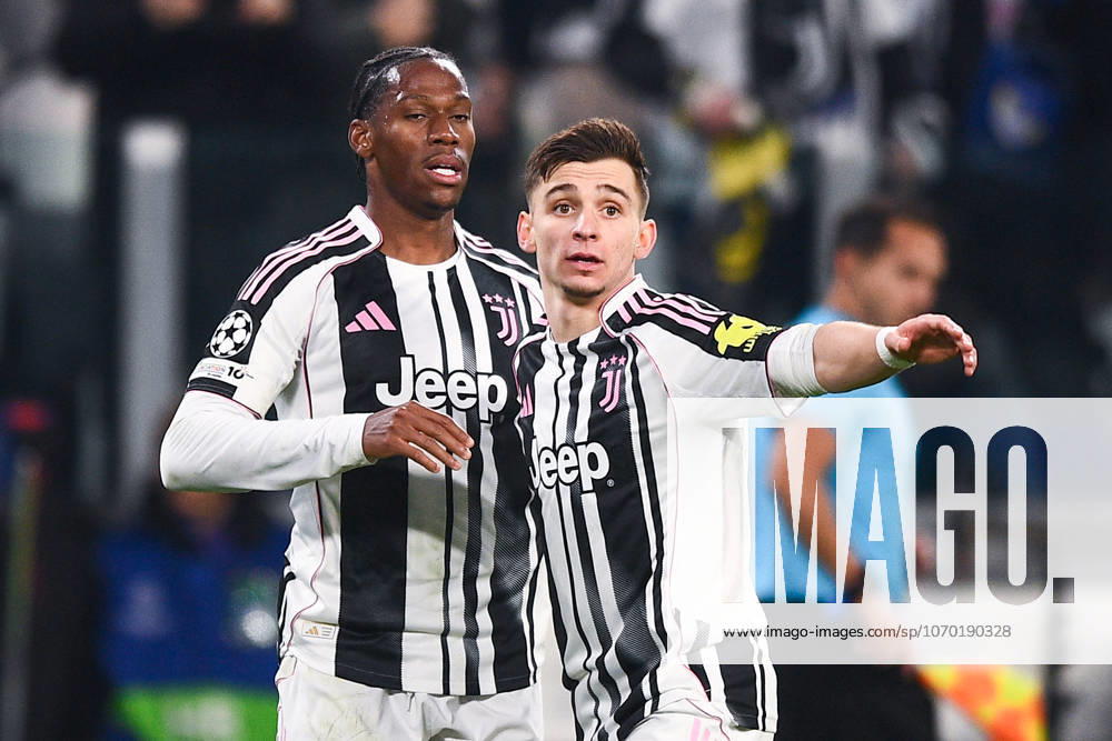 2025-12-10 Juventus v Pafos FC - UEFA Champions League 2025 26 League Phase MD6 TURIN, ITALY - DECEMBER 10: Jonathan David of Juventus FC celebrates after scoring the team s second goal with Francisco Conceicao of Juventus FC during the UEFA Champions League 2025 26 League Phase MD6 match between Juventus and Pafos FC at Allianz Stadium on December 10, 2025 in Turin, Italy. (Photo by Alberto Gandolfo BSR Agency) Turin Italy Content not available for redistribution in The Netherlands directly or indirectly through any third parties.