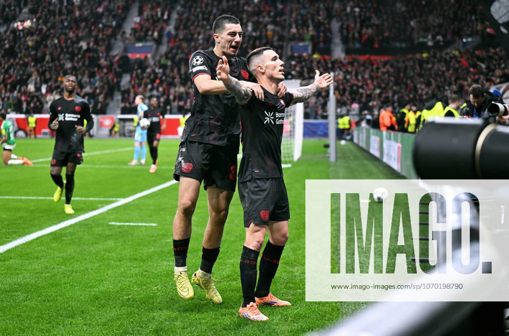Football, Champions League, Germany, Men, Season 2025 2026, Matchday 6, BayArena Leverkusen Bayer Leverkusen Newcastle United 2 2 Cheers Alejandro Grimaldo LEV after his goal for 2 2, together with Ibrahim Maza LEV Cheers, joy, action