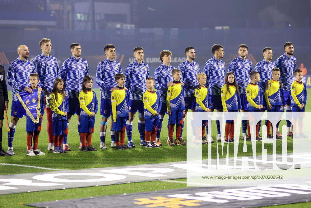 GNK Dinamo v Real Betis Balompie - UEFA Europa League 2025 26 League Phase MD6 Josip Misic, Ivan Filipovic, Scott McKenna, Sergi Dominguez, Bruno Goda, Noa Mikic, Marko Soldo, Dejan Ljubicic, Fran Topic, Arber Hoxha and Dion Drena Beljo line up prior to the UEFA Europa League 2025 26 League Phase MD6 match between GNK Dinamo and Real Betis Balompie at Stadion Maksimir on December 11, 2025 in Zagreb, Croatia. MatijaxHabljak PIXSELL