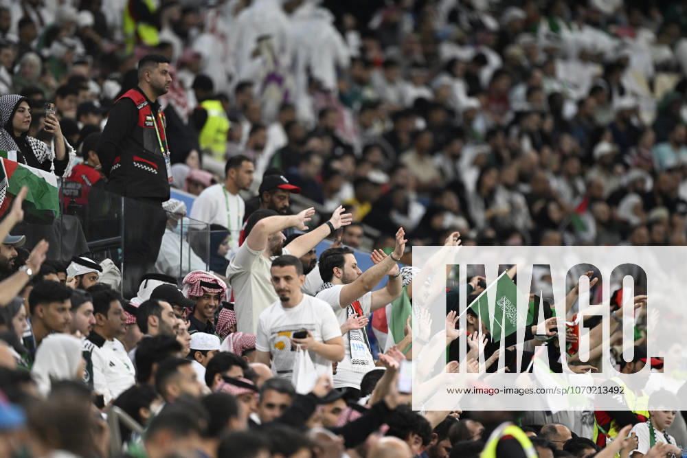Palestine v Saudi Arabia - 2025 FIFA Arab Cup LUSAIL, QATAR - DECEMBER 11: Fans support their team during their 2025 FIFA Arab Cup quarterfinal match between Palestine and Saudi Arabia at Lusail Stadium in Lusail, Qatar on December 11, 2025. Stringer Anadolu Lusail Qatar. Editorial use only. Please get in touch for any other usage.