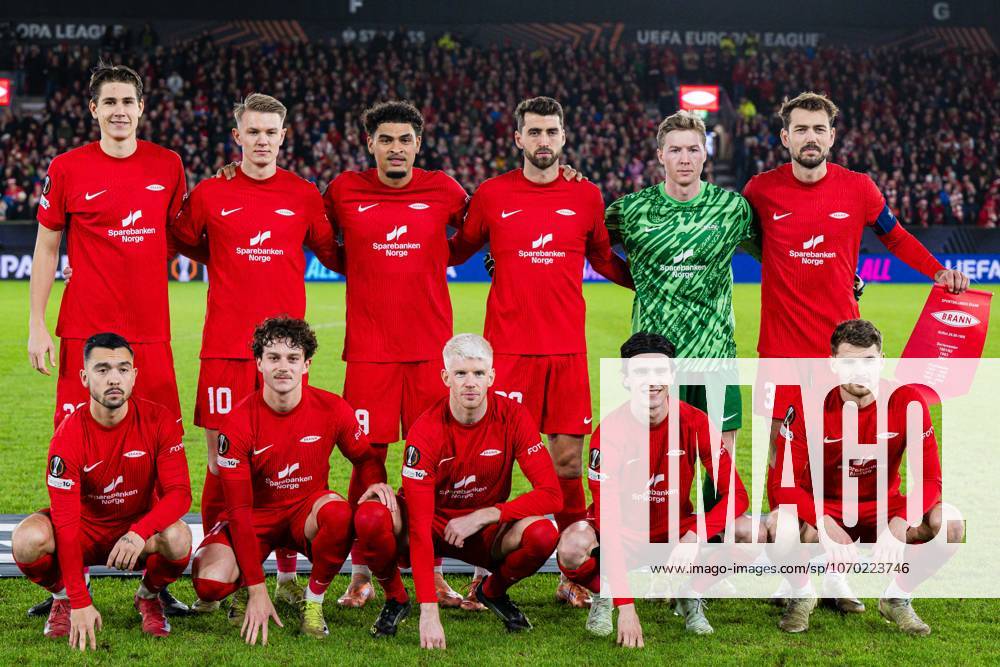 The starting eleven of Brann, from the top left Eivind Helland, Emil Kornvig, Noah Jean Holm, Vetle Dragsnes, goalkeeper Mathias Dyngeland, Fredrik Pallesen Knudsen, Niklas Castro, Denzel De Roeve, Thore Pedersen, Ulrik Mathisen and Jacob Ebsen Sorensen poses for a team group photo ahead of the UEFA Europa League football match between Brann and Fenerbache on December 11, 2025 in Bergen Photo Marius Simensen BILDBYRAN COP 238 MM0053 bbeng brann fenerbache football fotball fotboll soccer uefa europa league