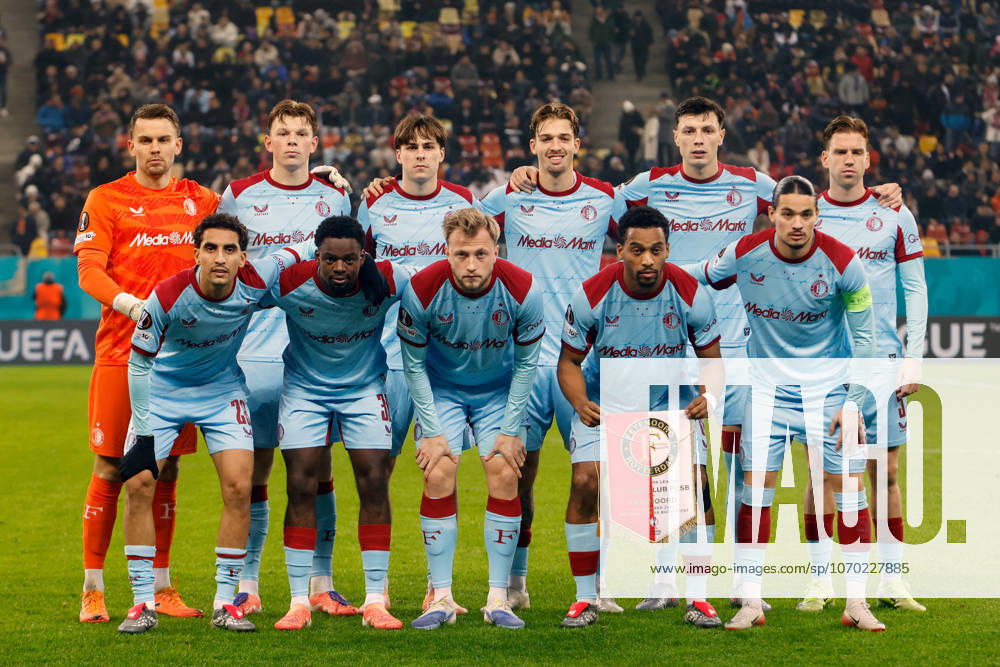 (251212) -- BUCHAREST, Dec. 12, 2025 -- Feyenoord s starting players pose before the UEFA Europa League football match against FCSB in Bucharest, Romania, Dec. 11, 2025. (Photo by Xinhua) (SP)ROMANIA-BUCHAREST-FOOTBALL-UEFA EUROPA LEAGUE-FCSB VS FEYENOORD CristianxCristel
