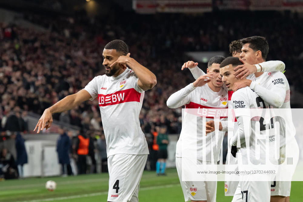 Goal for 4 1 by Josha Vagnoman VfB Stuttgart, 04 header goal cheers, goal cheers, celebrates his goal with Badredine Bouanani VfB Stuttgart, 27 , Bilal El Khannouss VfB Stuttgart, 11 , Atakan Karazor VfB Stuttgart, 16 , Chema Andreas VfB Stuttgart, 30 GER, VfB Stuttgart vs Maccabi Tel Aviv, Football, UEFA Europa League, Men, Matchday 6, Season 2025 2026, 11 12 2025, GER, VfB Stuttgart vs Maccabi Tel Aviv, Football, UEFA Europa League, Men, Matchday 6, Season 2025 2026, 11 12 2025 Stuttgart
