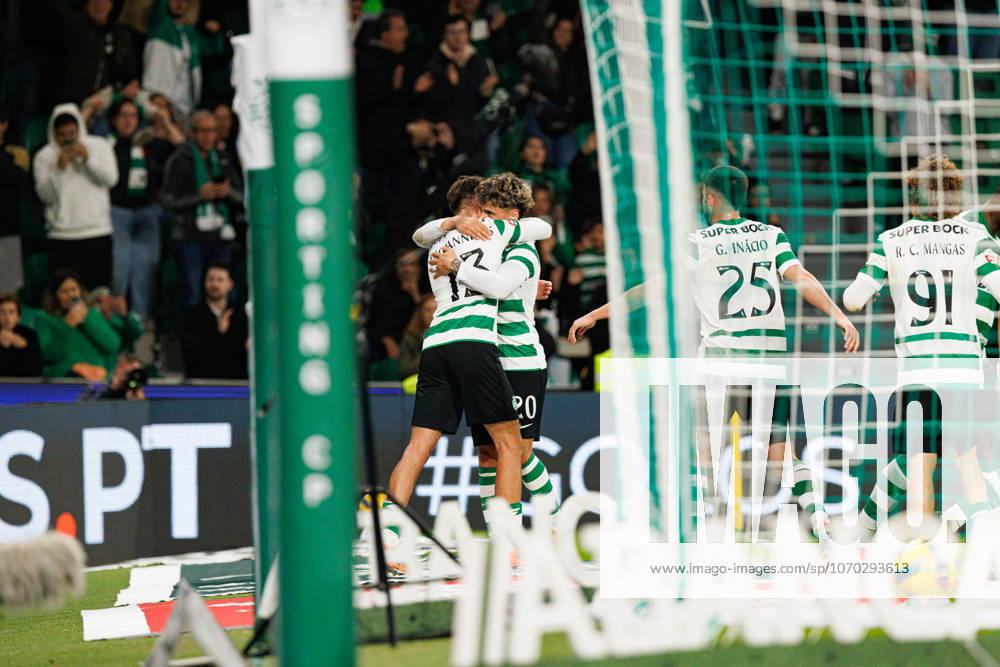 Maximiliano Araujo and Giorgos Vagiannidis seen celebrating after goal during Liga Portugal game between teams of Sporting CP and AVS Futebol SAD at Estadio Jose Alvalade (Maciej Rogowski Ball Raw Images) Lisbon Estadio Jose Alvalade Portugal