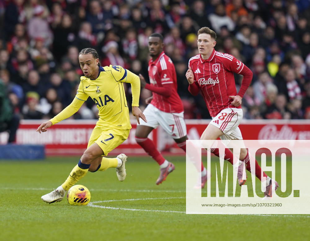 Nottingham, England, 14th December 2025. Xavi Simons of Tottenham (l) moves ahead of Elliot Anderson of Nottingham Forest (r) during the Nottingham Forest vs Tottenham Hotspur Premier League match at the City Ground, Nottingham. Picture credit should read: Andrew Yates Sportimage . SPI_024_AY_Forest_Spurs SPI-4376-0024