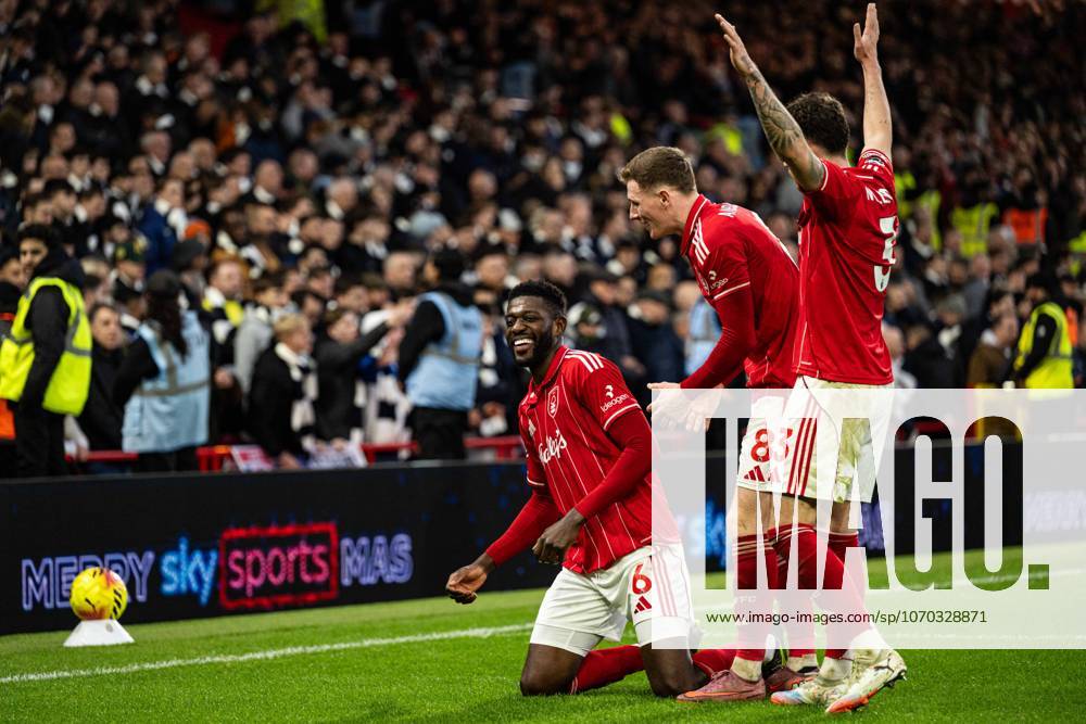 14th December 2025; The City Ground, Nottingham, England; Premier League Football, Nottingham Forest versus Tottenham Hotspur; Ibrahim Sangare of Nottingham Forest celebrates with Elliot Anderson and Neco Williams scoring in the 79th minute to make the score 3-0 GodfreyxPitt