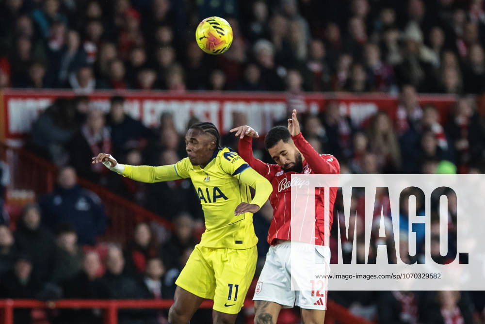 Premier League Nottingham Forest v Tottenham Hotspur Mathys Tel of Tottenham Hotspur and Douglas Luiz of Nottingham Forest battle for the ball during the Premier League match Nottingham Forest vs Tottenham Hotspur at City Ground, Nottingham, United Kingdom, 14th December 2025 (Photo by Mark Cosgrove News Images) Nottingham City Ground Nottinghamshire United Kingdom
