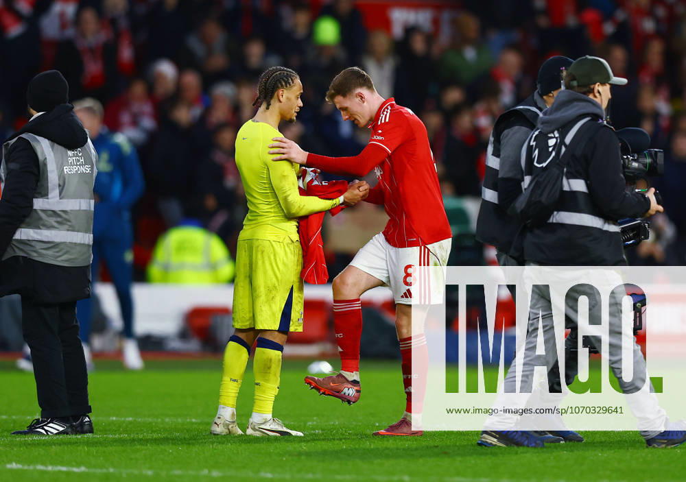 Elliot Anderson of Nottingham Forest speaks with Xavi Simons of Tottenham Hotspur at the end of the match Nottingham Forest v Tottenham Hotspur, Premier League, Football, City Ground, Nottingham, UK - 14 Dec 2025Nottingham City Ground United Kingdom