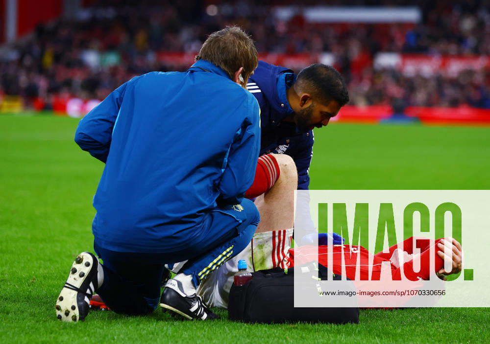 Elliot Anderson of Nottingham Forest feels the pain from a knock Nottingham Forest v Tottenham Hotspur, Premier League, Football, City Ground, Nottingham, UK - 14 Dec 2025Nottingham City Ground United Kingdom