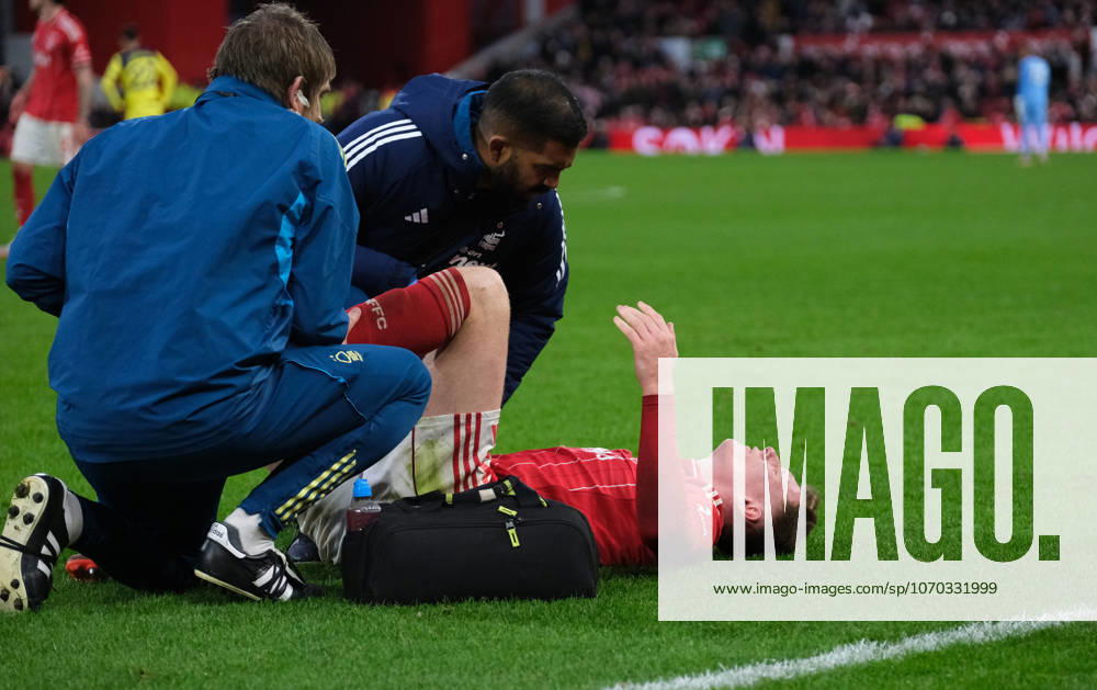 Elliot Anderson of Nottingham Forest down injured during the Premier league football match between Nottingham Forest and Tottenham Hotspur at City Ground in Nottingham. Final score; 3-0