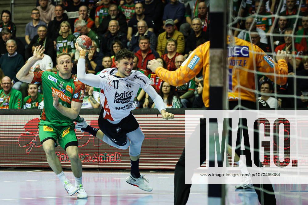 Marko Grgic SG Flensburg Handewitt,17 vs Omar Ingi Magnusson SC Magdeburg,14 and goalkeeper Sergey Hernandez Ferrer SC Magdeburg,1 Quarterfinals Handball DHB Pokal Season 2025 2026 SC Magdeburg vs SG Flensburg Handewitt at the GETEC Arena in Magdeburg Action,Handball,Germany