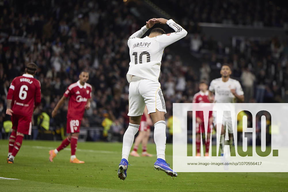 Kylian Mbappe Real Madrid CF celebrates after scoring his team˜s second goal during the LaLiga EA Sports match between Real Madrid v Sevilla FC at Santiago Bernabà u on December 20, 2025 in Madrid, Spain Photo by Manu Reino DeFodi Images