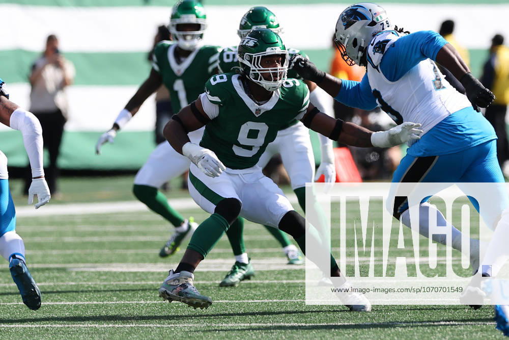 EAST RUTHERFORD, NJ - OCTOBER 19: Will McDonald IV 9 of the New York Jets during the game against the Carolina Panthers on October 19. 2025 at MetLife Stadium in East Rutherford, New Jersey. (Photo by Rich Graessle Icon Sportswire) NFL, American Football Herren, USA OCT 19 Panthers at Jets Icon25101919617