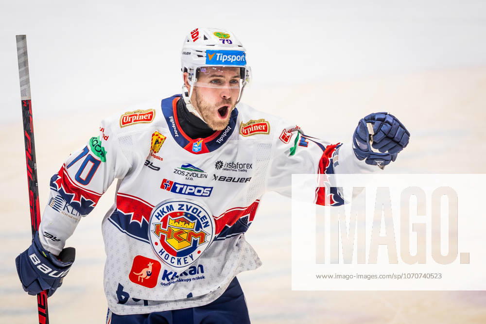 SLOVAN BRATISLAVA - HKM ZVOLEN Marek Hecl of Zvolen celebrates a goal during Slovak Ice hockey, Eishockey Eishockey Tipsport liga match between HC Slovan Bratislava and HKM Zvolen at Ondrej Nepela Arena in Bratislava. Bratislava, Slovakia, December 28, 2025. Photo by Branislav Racko.
