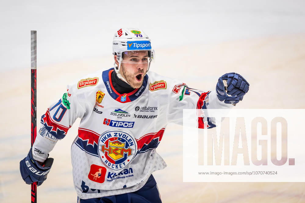 SLOVAN BRATISLAVA - HKM ZVOLEN Marek Hecl of Zvolen celebrates a goal during Slovak Ice hockey, Eishockey Eishockey Tipsport liga match between HC Slovan Bratislava and HKM Zvolen at Ondrej Nepela Arena in Bratislava. Bratislava, Slovakia, December 28, 2025. Photo by Branislav Racko.