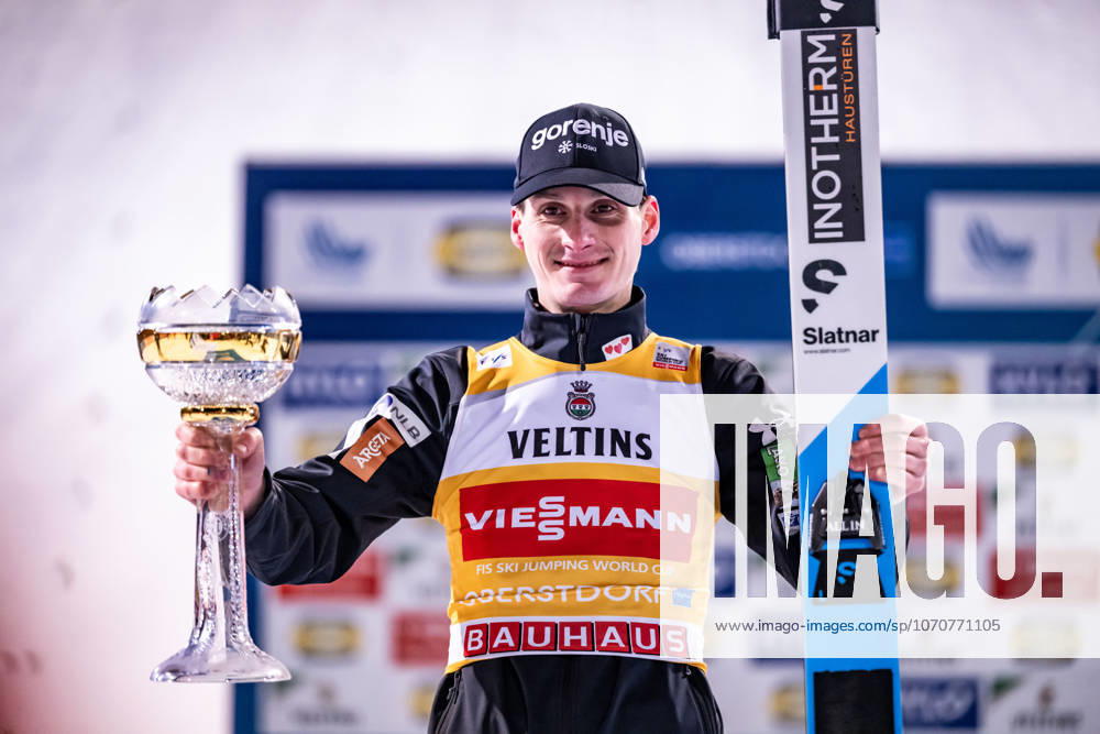 OBERSTDORF, GERMANY 74 Four Hills Tournament Viessmann FIS Ski Jumping World Cup large hill competition on 29 12 2025 at the Ski Jumping Arena in Oberstdorf Winner Domen Prevc from Slovenia at the award ceremony