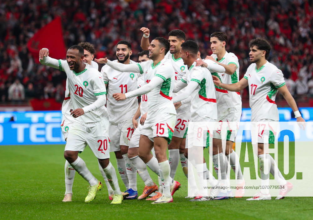 Soccer Africa Cup 2025, Preliminary round, Group A, Matchday 3 Zambia vs Morocco CAF Africa Cup of Nations AFCON Stade Prince Moulay Abdallah Rabat Morocco Goal celebration Ayoub El Kaabi Morocco, 20 Brahim Diaz Brahim Diaz Morocco, 10 Mohamed Chibi Morocco, 15 Oussama Targhalline Morocco, 14 Azzedine Ounahi Morocco, 8 Abde Ezzalzouli Morocco, 17 Mohamed Chibi Morocco, 15