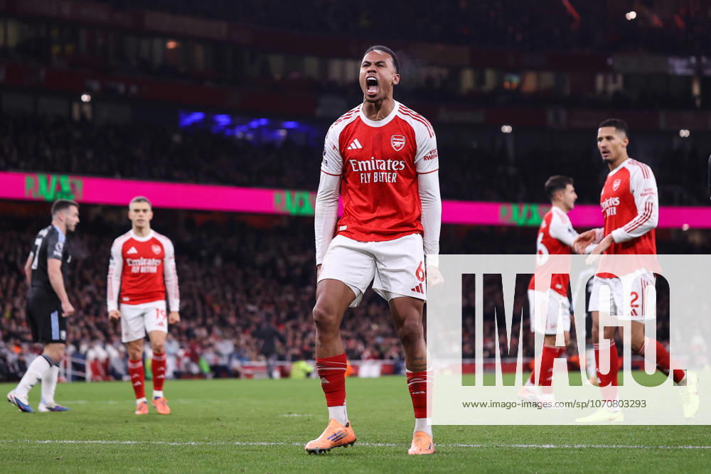 Arsenal gegen Aston Villa 30. Dezember 2025, London Premier League Fußball Arsenal gegen Aston Villa Gabriel von Arsenal jubelt nach einem wichtigen Block Foto Jacques Feeney Abseits London UK