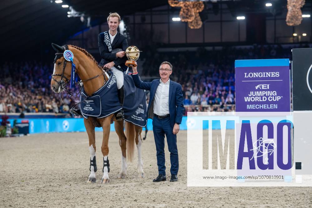Belgian rider Gilles Thomas with Qalista DN is pictured after winning the FEI World Cup Jumping competition at the Vlaanderens Kerstjumping equestrian event in Mechelen on Tuesday 30 December 2025. JONASxROOSENS x152573090x