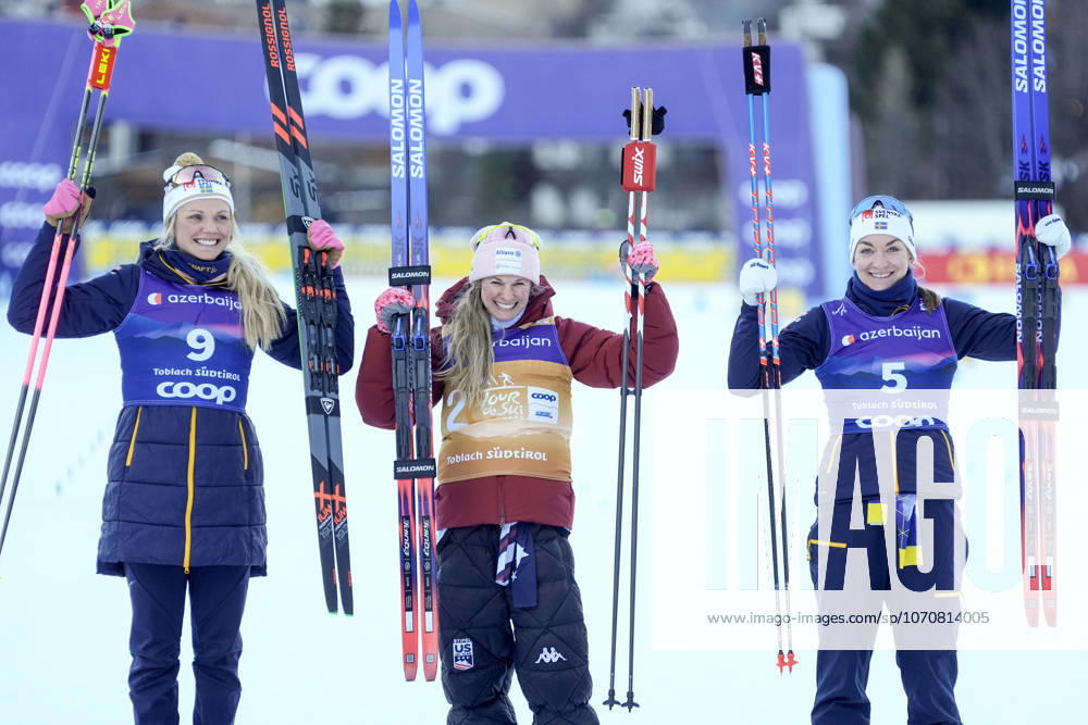 Ski Tour 2025 26 Stage 4 Toblach, Italy 20251231 USA s Jessie Diggins took first place, Sweden s Emma Ribom took second place and Sweden s Moa Ilar took third place in the 5 km heat free technique for women in Toblach Photo Terje Pedersen NTB Toblach Italy RESTRICTED USE FOR BETTING COMPANIES