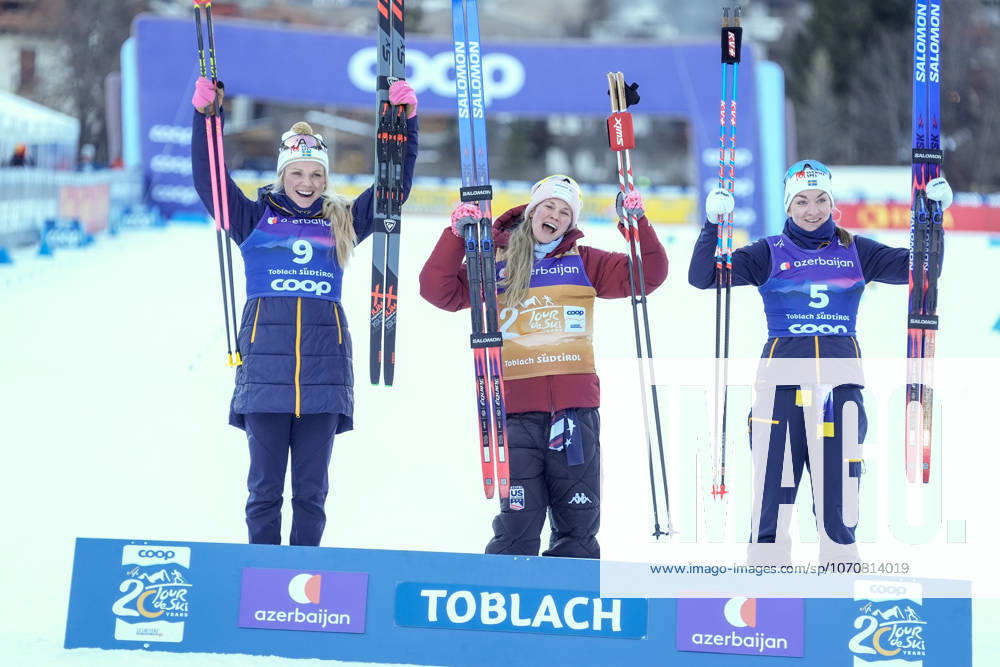 Ski Tour 2025 26 Stage 4 Toblach, Italy 20251231 USA s Jessie Diggins took first place, Sweden s Emma Ribom took second place and Sweden s Moa Ilar took third place in the 5 km heat free technique for women in Toblach Photo Terje Pedersen NTB Toblach Italy RESTRICTED USE FOR BETTING COMPANIES