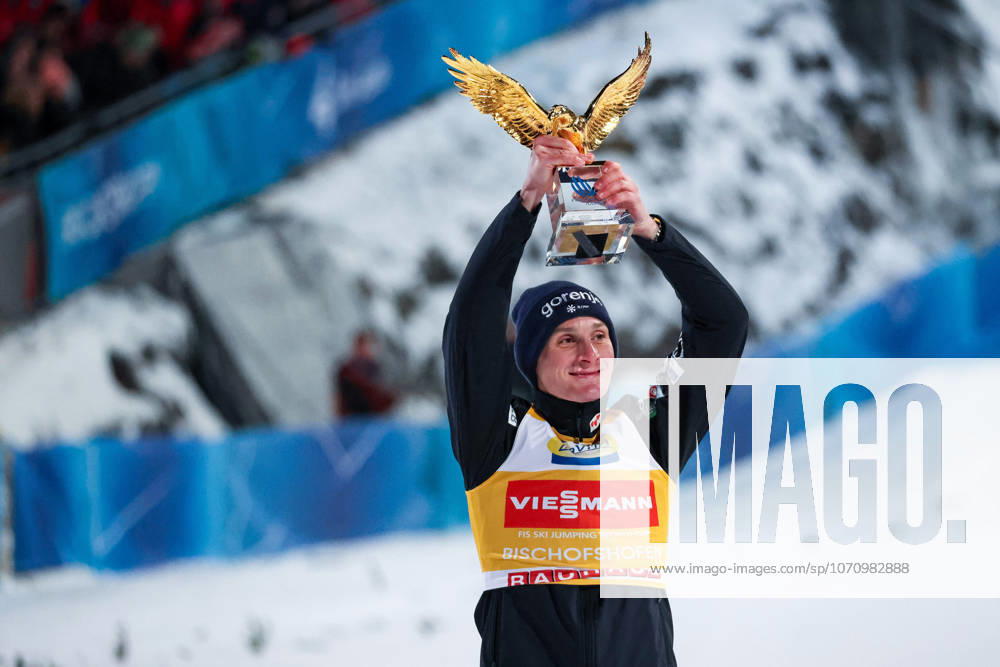 Bischofshofen, Austria 06 January 2026 74 Four Hills Tournament Bischofshofen 2025 2026 Jumping In the picture Domen Prevc Slovenia SLO celebrates the overall tour victory and holds up the coveted golden eagle Paul Außerleitner Ski Jump