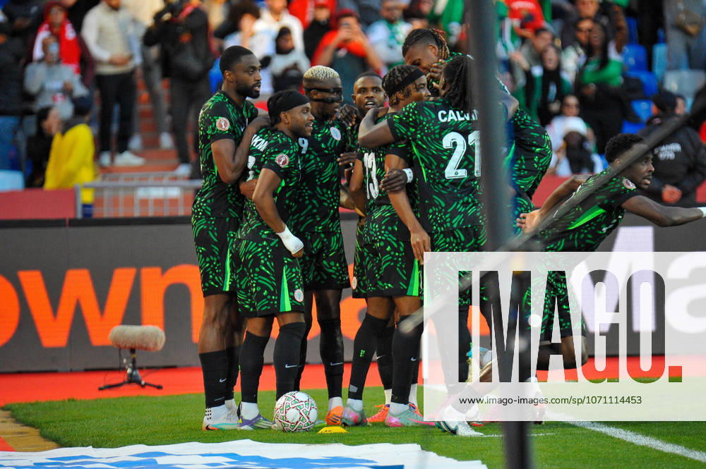 Nigeria Victor Osimhen, Akor Adams,Ademola Lookman, Semi Ajayi, Bruno Onyemaechi, celebrate goal during the Africa Cup of Nations (AFCON) match between Algeria and Nigeria at the Grand Stade on January 10th, 2026 in Marrakech, Morocco. Photo by Segun Ogunfeyitimi