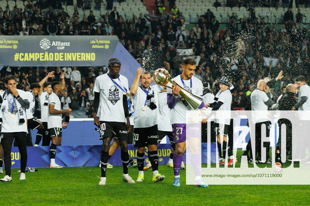 Alioune Ndoye, Samu and Charles seen celebrating with a trophy during Taca Da Liga final game between teams of SC Braga and Vitoria SC at Estadio Dr. Magalhaes Pessoa (Luis Loureiro Ball Raw Images) Leiria Estadio Dr. Magalhaes Pessoa Portugal
