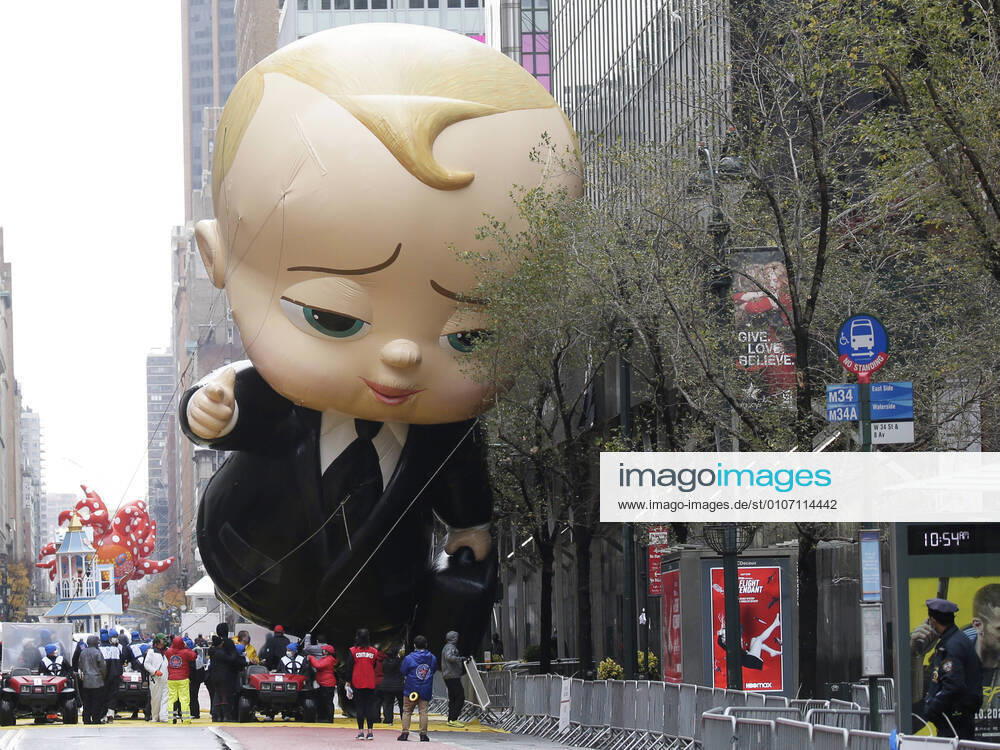 The Boss Baby balloon slides into some trees before it is pulled down and deflated after moving down 34th Street at the Macy s Thanksgiving Day Parade in New York City on Thursday, November 26, 2020. Due to the COVID-19 pandemic the Manhattan parade route was be reduced to just a few blocks of giant balloons, festive floats and performers. Some of the parade will be pre taped for the television broadcast. NYP20201126115 JohnxAngelillo