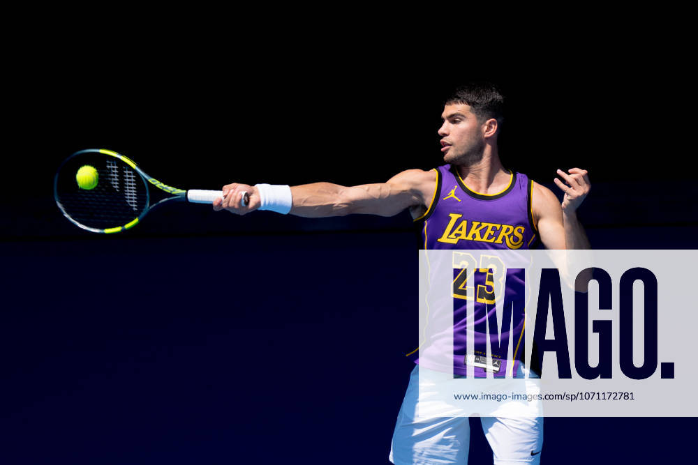 CARLOS ALCARAZ of Spain practises on Rod Laver Arena ahead of the 2026 Australian Open in Melbourne, Australia. Cal Media Melbourne Australia - ZUMAc04_ 20260112_faf_c04_001