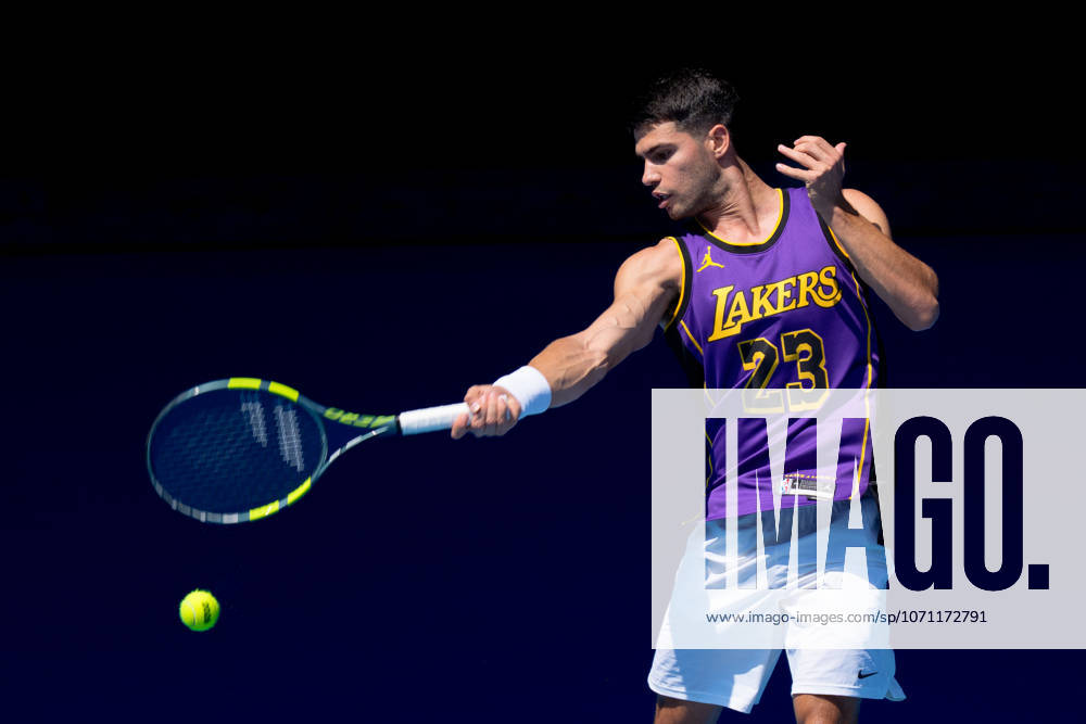 CARLOS ALCARAZ of Spain practises on Rod Laver Arena ahead of the 2026 Australian Open in Melbourne, Australia. Cal Media Melbourne Australia - ZUMAc04_ 20260112_faf_c04_007
