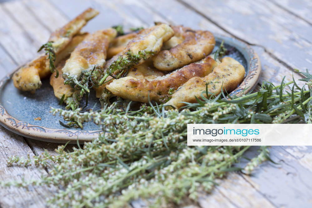 Common mugwort, common mugwort, mugwort spice mugwort Artemisia vulgaris, homemade mugwort quiche, flowers, leaves and shoots of mugwort are dipped in pancake batter and then fried in hot fat, Germany common mugwort, common wormwood Artemisia vulgaris , home baked small mugwort cakes, blossoms, leaves and spr