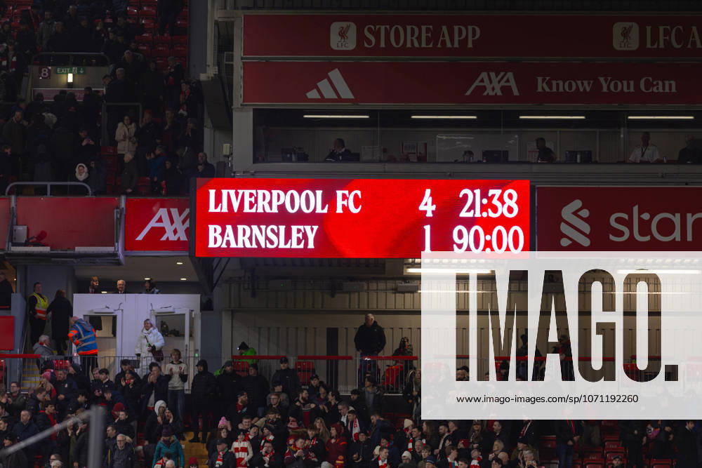 Football - FA Cup - 3rd Round - Liverpool FC v Barnsley FC LIVERPOOL, ENGLAND - Monday, January 12, 2026: Scoreboard showing Liverpool 4-1 Barnsley during the FA Cup 3rd Round match between Liverpool FC and Barnsley FC at Anfield. (Photo by David Rawcliffe Propaganda) LIVERPOOL Anfield MERSEYSIDE ENGLAND