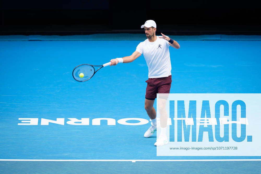 NOVAK DJOKOVIC of Serbia with a record 10 Australian Open grand slam titles practises on Rod Laver Arena ahead of the 2026 Australian Open in Melbourne, Australia. Cal Media Melbourne Australia - ZUMAc04_ 20260113_faf_c04_001